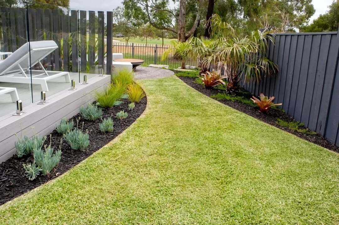 Garden planting and lawn surrounding a completed residential landscape in Melbourne